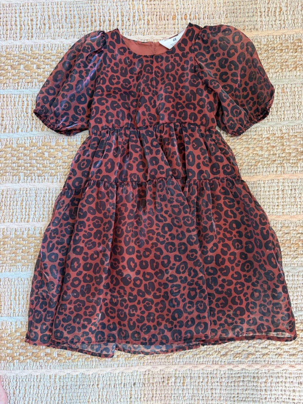 H&M Girls Rust and Black Leopard Tiered Puff-Sleeve Dress